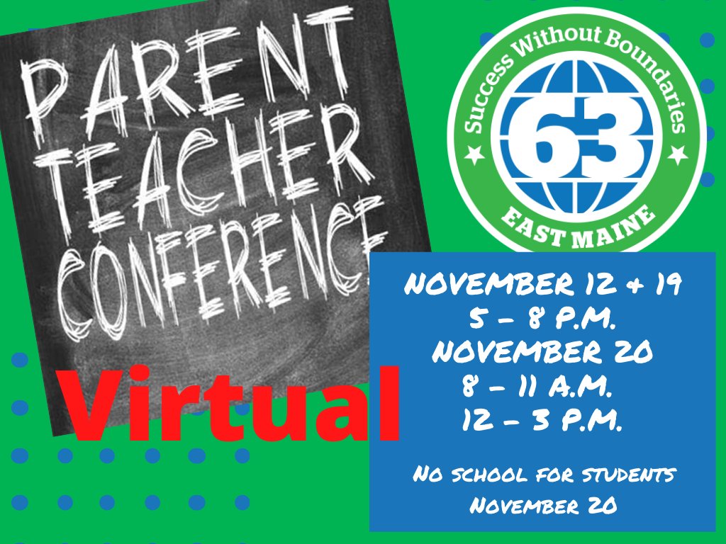 EastMaine63's tweet photo. Parent/Teacher Conferences begin TOMORROW, November 12! Have you scheduled your appointment? Hop onto Meet the Teacher to sign up. https://t.co/ffsaXj8ULv https://t.co/CiscyXjMGP