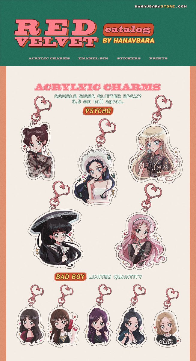 hanavbara's tweet photo. these will be available as stickers and acrylic charms for preorder in our online store which will be open in 3 days (saturday 14th november)✨ there will also be the old bad boy design as well as the mandu pin and art prints! here you have the catalog for red velvet items💖 https://t.co/ZLMqPJxk86