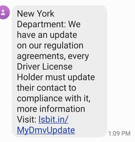 nysdmv's tweet photo. If you received this text message, delete it right away! This text did not come from the DMV. It is a phishing scheme that links to a fake DMV website and asks for personal information. https://t.co/JVkO0Q575b
