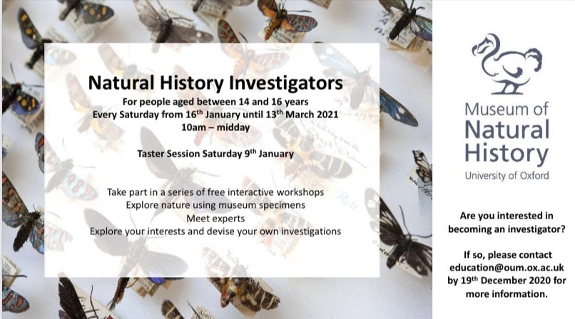 FitzharrysS's tweet photo. Calling all year 9, 10 and 11 students- Oxford University of Natural History are hosting a free Saturday club from January onwards. This would be a great opportunity for any budding scientists or biologists. (See the image for more info) https://t.co/OshAZhZJZ2