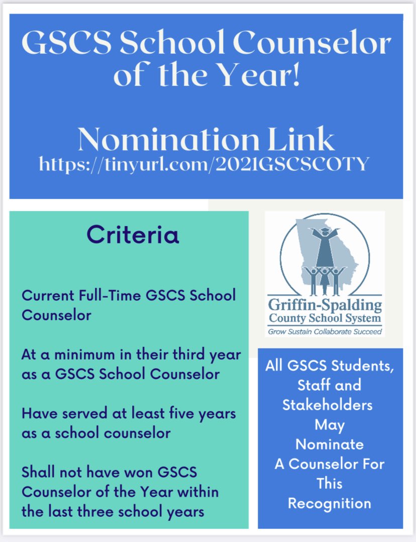 ⁦Now accepting nominations for ⁦<a href="/GriffinSpalding/">Griffin-Spalding K12</a>⁩ School Counselor of the Year! Nominate a GSCS counselor today at: TinyURL.com/2021GSCSCOTY - accepting nominations through December 11, 2020. ALL GSCS students, staff, &amp; families are invited to submit a COTY nomination.
