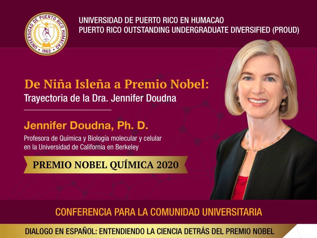 When asked- Prof. Jennifer Doudna did not hesitate to accept the invitation to give a talk to undergraduate and high school students from Puerto Rico. It should be noted that the majority of the audience will be minorities in STEM. #womeninSTEM <a href="/NobelPrize/">The Nobel Prize</a> <a href="/igisci/">Institute for Geographic Information Science</a> @doudna_lab