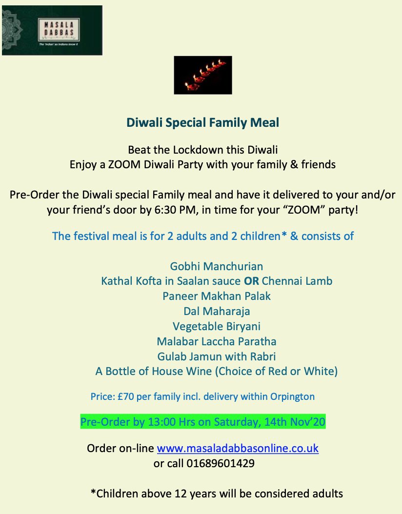 masaladabbas's tweet photo. Why not enjoy #Diwali2020 safely with family and friends? Pre-order our special family meal deal or individual special #Diwali #thali
Order online - https://t.co/2noDJGxDYZ
Call - 01689 601 429 https://t.co/3P3B6avWsm