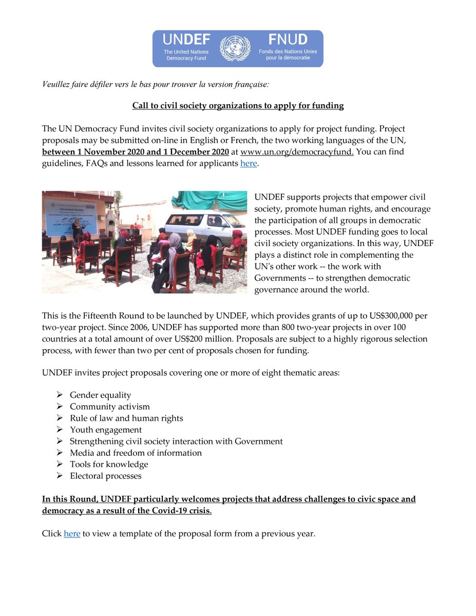 CivilSociety_UN's tweet photo. Funding Opportunity: @UNDemocracyFund invites Civil Society Organizations to apply for project funding! 

Application deadline 🗓️1 December 2020 

Apply💻https://t.co/9crsSb1sHZ

More info ℹ️ https://t.co/yQpht0TydW
#UNwithCivilSociety https://t.co/2cARDvv7my