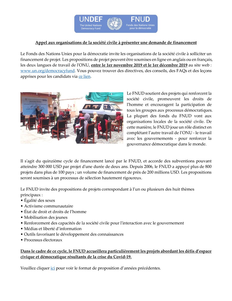CivilSociety_UN's tweet photo. Funding Opportunity: @UNDemocracyFund invites Civil Society Organizations to apply for project funding! 

Application deadline 🗓️1 December 2020 

Apply💻https://t.co/9crsSb1sHZ

More info ℹ️ https://t.co/yQpht0TydW
#UNwithCivilSociety https://t.co/2cARDvv7my