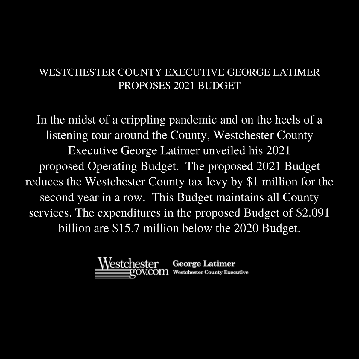 westchestergov's tweet photo. Westchester County Executive George Latimer Proposes 2021 Budget https://t.co/FldAFx2CK8 https://t.co/H22xP0PsN7