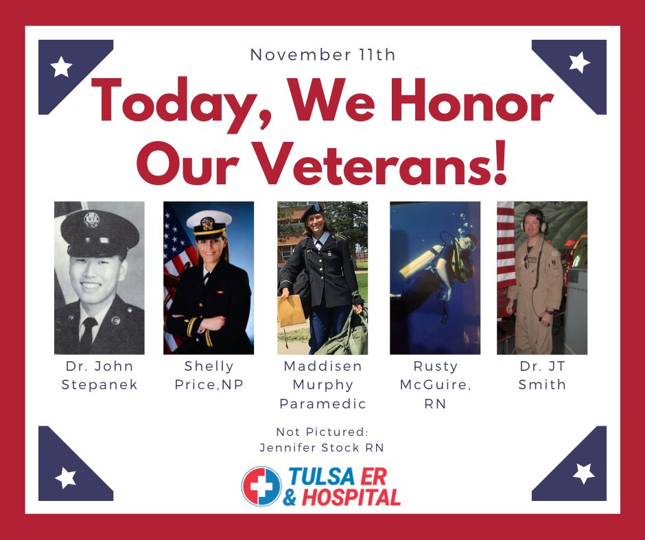 TulsaERHospital's tweet photo. Happy Veteran's Day to everyone who has served our country! Today we honor you for your service and sacrifice. Here are some of our staff that we want to highlight, today is all about you! https://t.co/j1CwdOZgiR