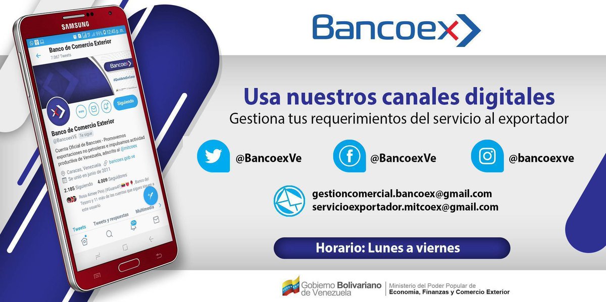 BancoexVE's tweet photo. #BancoexInforma 📢 || Colocamos a disposición de los usuarios nuestros canales digitales para ofrecerle la información que requiere.
#Bancoex
#ServicioAlExportador
#CanalesDigitales
Más información
⬇️ https://t.co/T7qDwM2THx