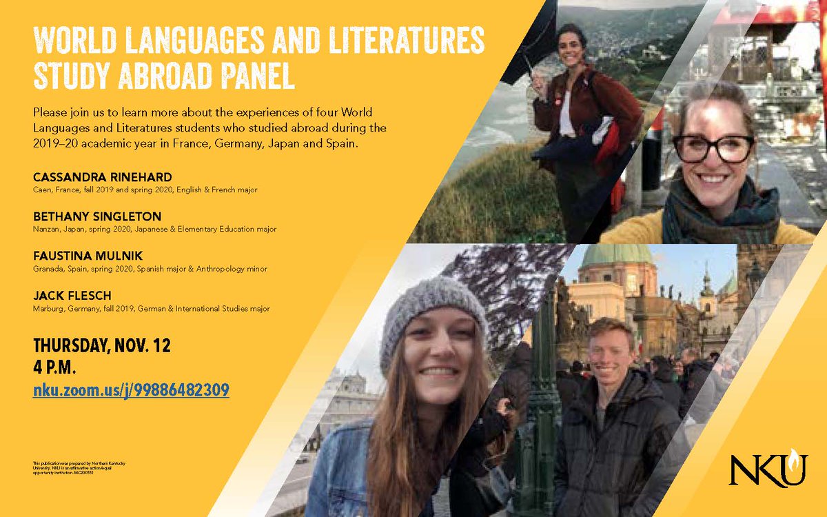 12 Nov at 4:00 PM: WLL Study Abroad Panel

Link to event: nku.zoom.us/j/99886482309

Join us to learn more about the experiences of four World Languages and Literatures students who studied abroad in the 2019-2020 academic year in France, Germany, Japan, and Spain.