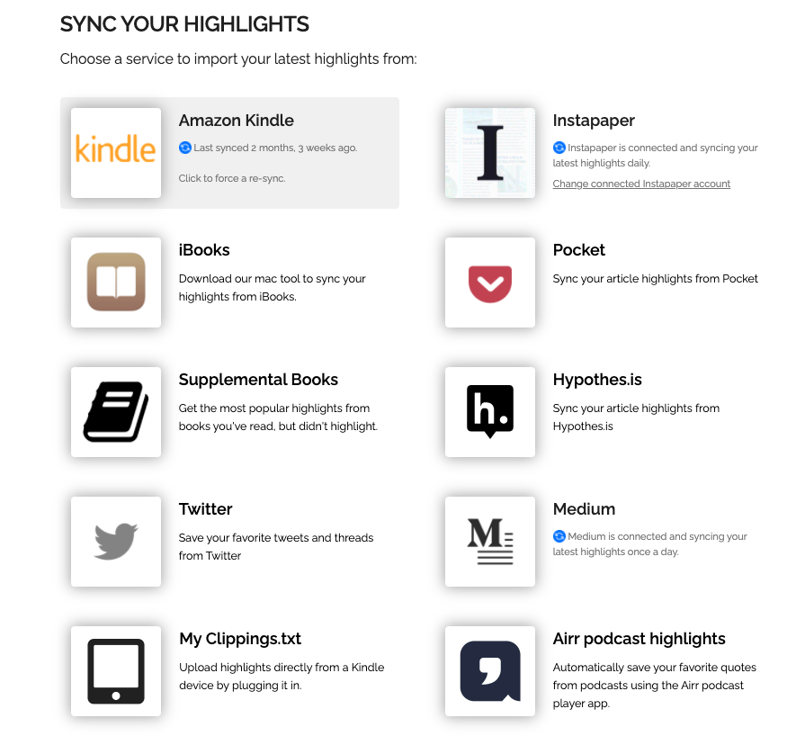 3. Readwise This is the superpower behind the thread.Readwise collects my highlights from: - Instapaper (All blogs and articles)- Medium - Kindle (All Books) - Airr (All Podcast Transcript highlights) and syncs it to Roamresearch w/ automatic tags.