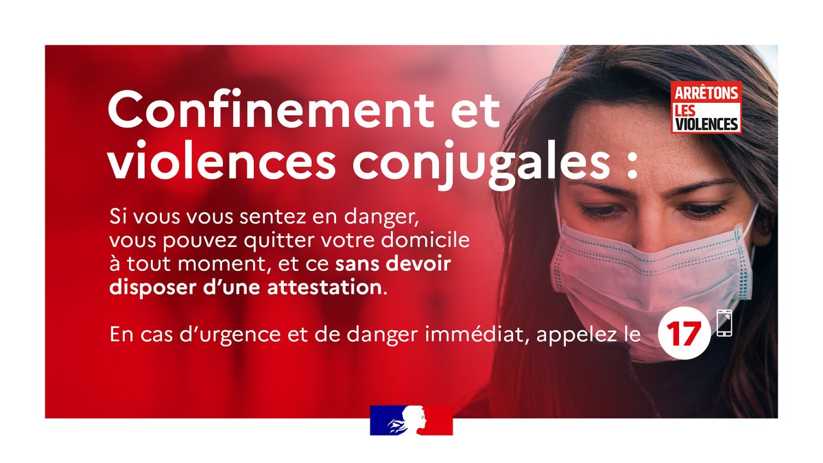 Interieur_Gouv's tweet photo. 🔴 #Covid19 #NeRienLaisserPasser | Si vous êtes victime ou témoin de violences conjugales et intrafamiliales, des dispositifs existent pour vous aider et vous accompagner ⬇️

En cas d'urgence, 24h/24 et 7j/7 :
📞 Appelez le 17 ou
📱 Envoyez un SMS au 114 https://t.co/tE2Y9jvrbF