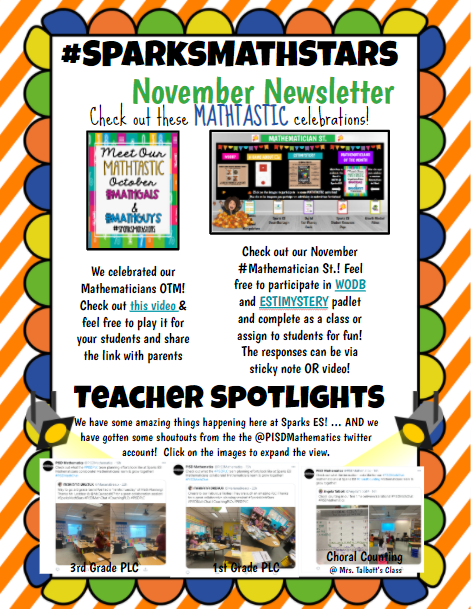 MarianaBreaux's tweet photo. Woo! New #MathematicianSt and new #SparksMathStars Newsletter! Lots of mathtastic things happening here @SparksElemStars! Can't wait to share our updated #MathematicianOTM board! #PISDMathChat #iteachmath #MathLead #MathematizeChat https://t.co/YquIBZAdp7