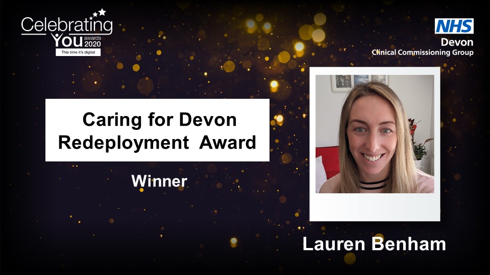 NHSDevon's tweet photo. The winner of the Caring for Devon Redeployment Award is Lauren Benham 👏

Congratulations!

#CelebratingYou #ThisTimeItsDigital #WorkingTogetherForDevon https://t.co/ymHoLul6Jv