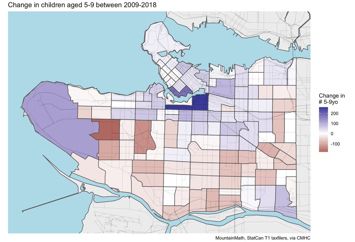 9/ Using image/data by  @vb_jens: Here's the historical change from 2009 to 2018 in the number of 5-9 kids across the city. Zooming into the Heather Lands area, overall flat so this is why historically, "school enrolment" has worked. It will not work for the future.