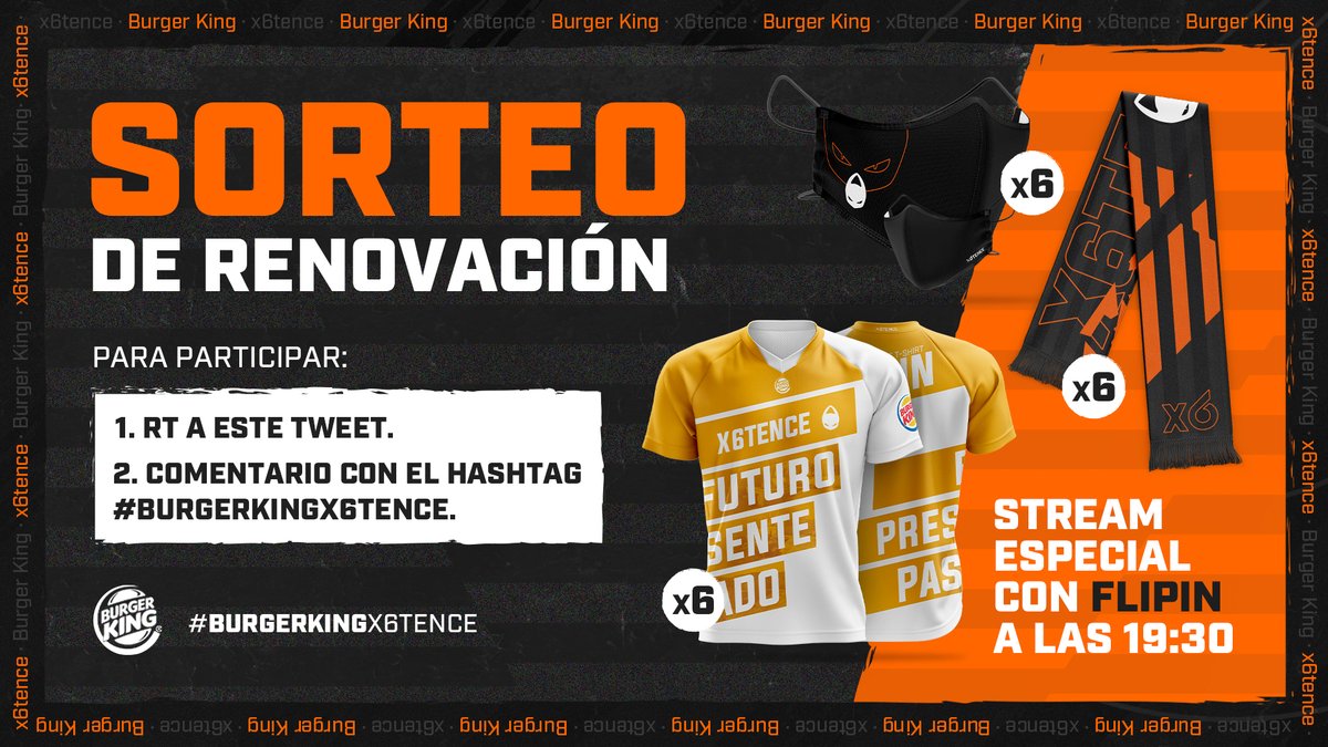 ¡Hoy se lía! 🙆‍♂️🙆‍♀️ Vamos a celebrar la renovación sorteando un lote de productos de x6tence, para que presumas de equipo 😜

🔸 x6 Mascarillas de x6tence, que reducen el AIM del virus.
🔸 x6 Bufandas de x6tence.
🔸 x6 Camisetas del AIM.

Para participar 👇 #BURGERKINGX6TENCE
