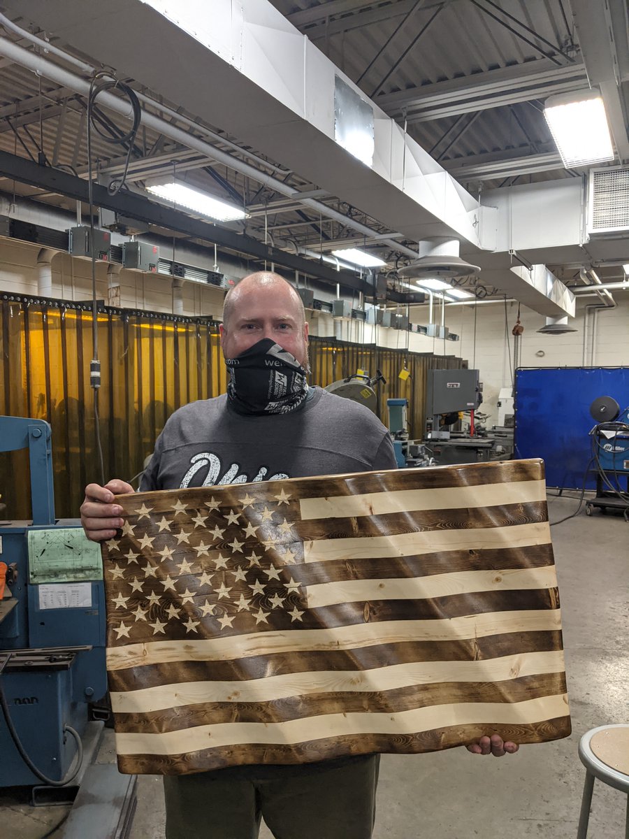 ohiohipoint's tweet photo. Our Construction and HVAC students crafted these BEAUTIFUL American flags for our veterans at OHP. Thank you for your service Dr. Smith (Supt), Mr. Barger (Welding instructor), Ms. Stahl (math teacher), and Mr. Durbin (Facilities). #Marines #AirForce #ohiohipoint #VeteransDay https://t.co/XOyywKoCoT