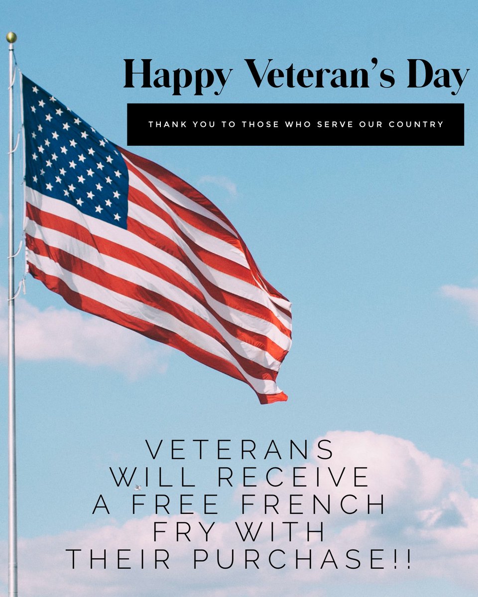 Happy Veteran’s Day! A big thank you from Ted’s Steamed Cheeseburgers for all of those who serve and have served for our country. Any veteran showing a veteran’s ID will receive a FREE french fry with their purchase. Thank you to all the brave men and women out there!🇺🇸