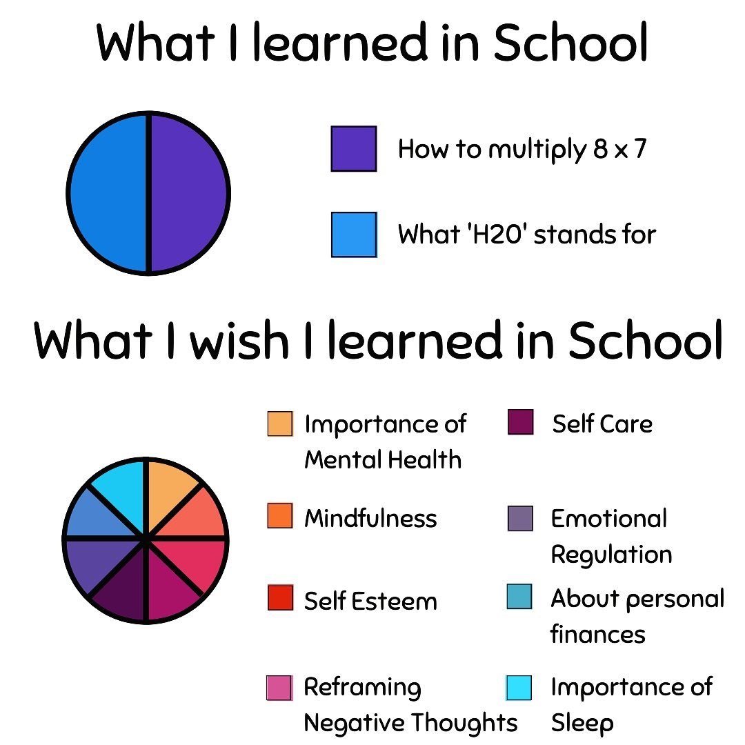 MentalHealthDMV's tweet photo. What else do you wish we learned in school?

The point of this post is that I wish we also learned more about the bottom items within the public K-12 education system. https://t.co/sZuKseCUff