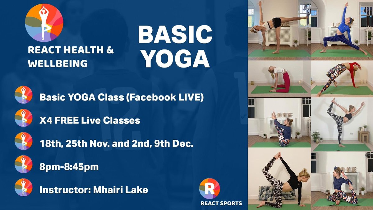 reactHWB's tweet photo. We have x4 FREE Basic Yoga for Adults coming up, taking place on Facebook LIVE and delivered by the excellent Mhairi Lake Yoga! 🤩

Join us 8pm-8:45pm on 18th, 25th November and 2nd, 9th December for some excellent Yoga sessions!

#yoga #yogaathome #yogabenefits #healthy https://t.co/hUwpMisCaE