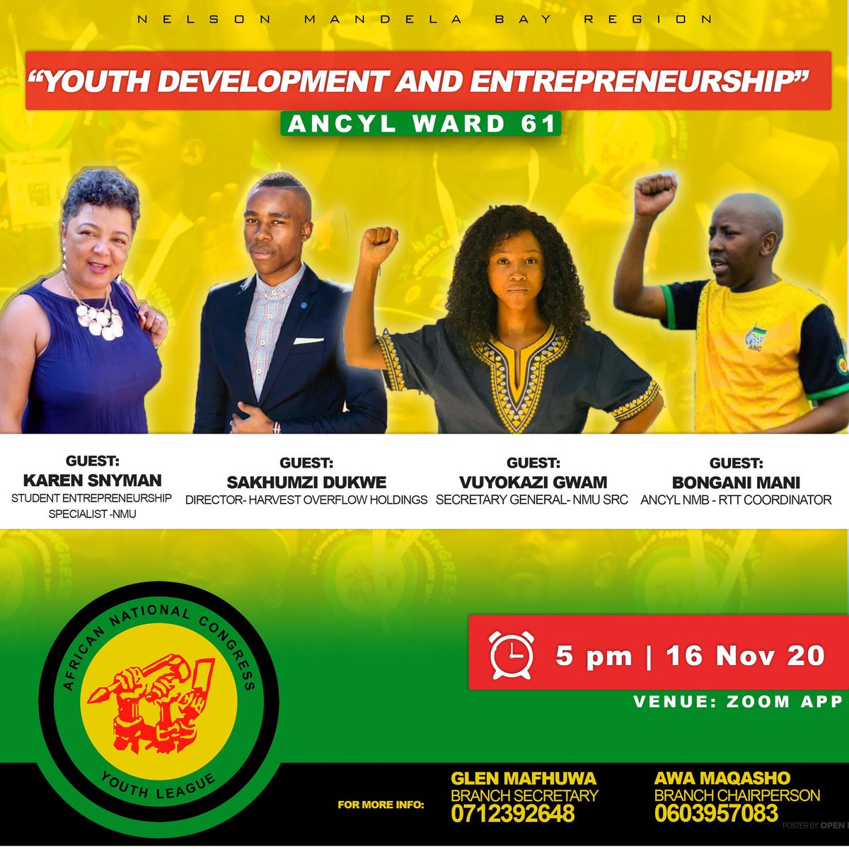 Ancyl61's tweet photo. *YOUTH DEVELOPMENT PROGRAM* 

Join our panel discussion on Youth development and Entrepreneurship. 

*Details on attached poster 

Use link below to join program: 

https://t.co/37un2r0bX6

Meeting ID: 781 4439 1647
Passcode: ward61

Amandla ✊🏿
#COVID19  #ANCYL #Entrepreneurship https://t.co/7tKrZt31Ck