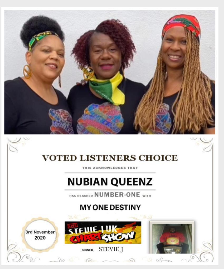 We would like to thank everyone who voted for our single 'My One Destiny' (our 3rd single) to stay at No.1 spot for the 2nd week on the Stevie J Chart show. 
Love to all,
Nubian Queenz, Lillyan, Babz and Jess