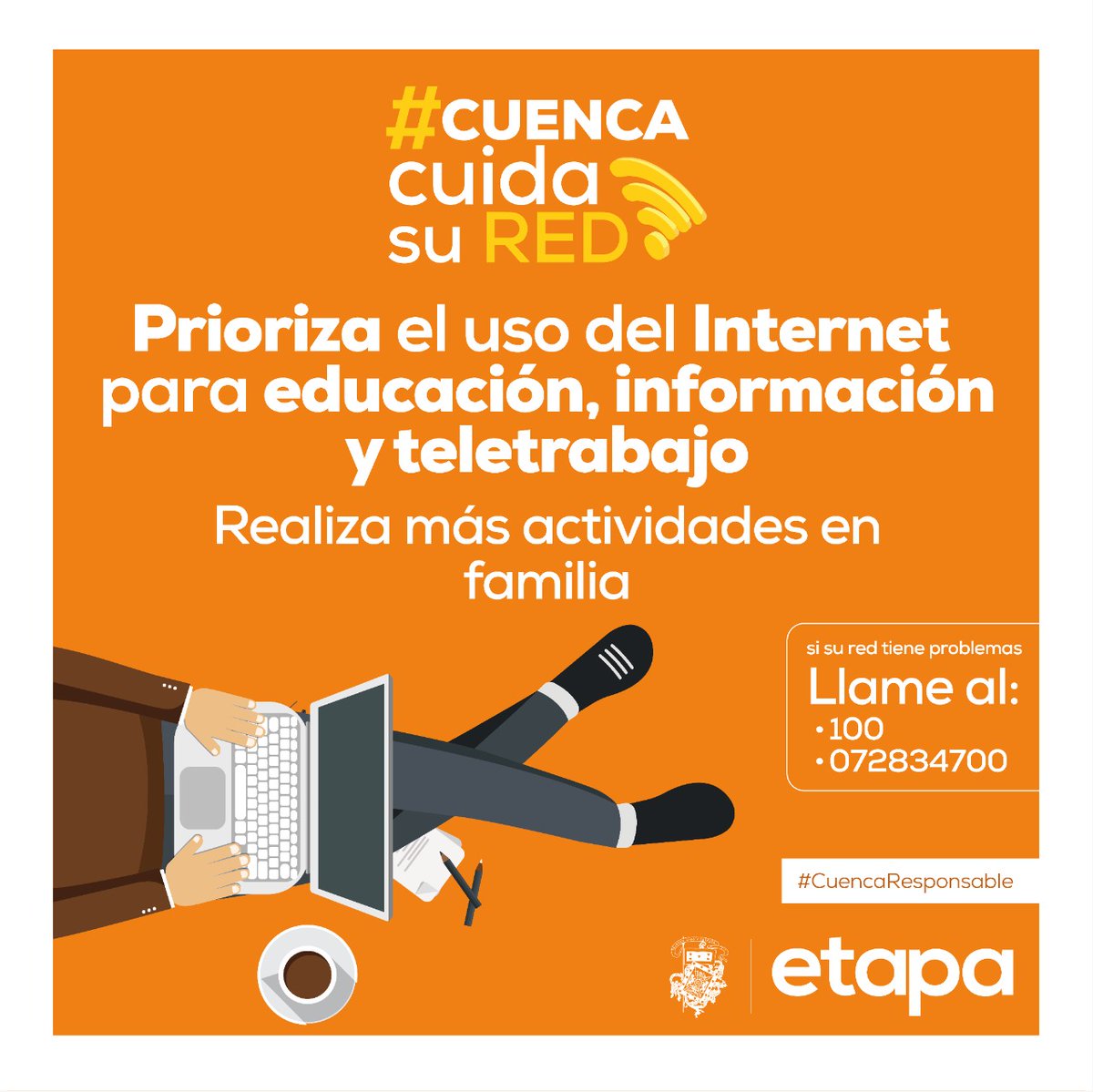 ETAPAOficial's tweet photo. 🤳🏼 Prioricemos el uso del internet en educación, información y teletrabajo.💡
.
Ayudémonos entre todos para no tener inconvenientes. ☝🏻
.
#CuencaCuidaSuRed
#CuencaResponsable https://t.co/5t0FrQq59l