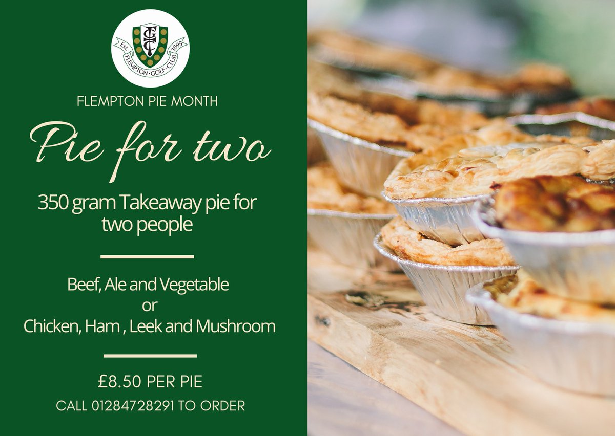 As part of our takeaway menu throughout this lockdown, we present FLEMPTON PIE MONTH!

Each pie is 350 grams and feeds 2 people.
Choose from Beef, Ale and Vegetable or Chicken, Ham , Leek and Mushroom.

Call 01284728291 to order your pie, Thursday-Saturday in our takeaway hours.