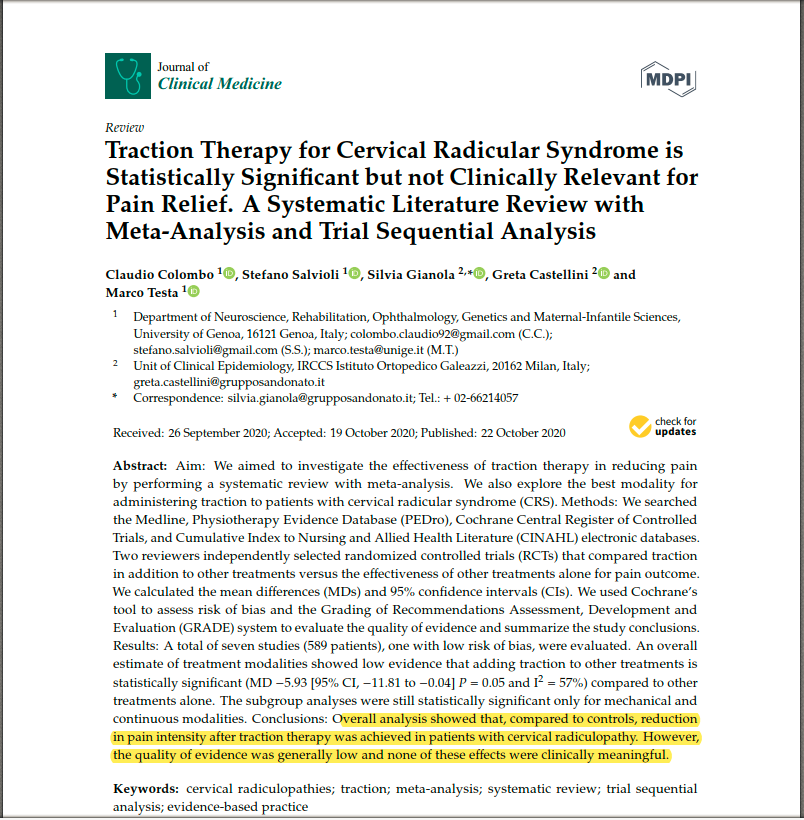 PhysioMeScience's tweet image. Traction Therapy for Cervical Radicular Syndrome is
Statistically Signiﬁcant but not Clinically Relevant for
Pain Relief. A Systematic Literature Review with
Meta-Analysis and Trial Sequential Analysis

👀👀👇👇

mdpi.com/2077-0383/9/11…