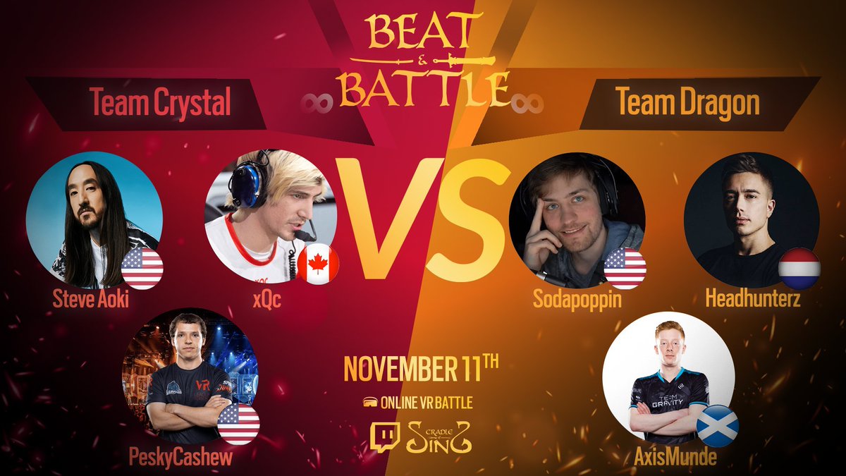 Today our world class players <a href="/Flushgogo/">Flushgogo</a> (Team Barbarian) &amp; <a href="/AxisMunde/">AxisMunde</a> (Team Dragon) go head to head with some of the biggest names in streaming and music!

Kicking off with Team Dragon vs Crystal we start the day with an absolute banger @ 18:45 GMT

twitch.tv/cradleofsins/