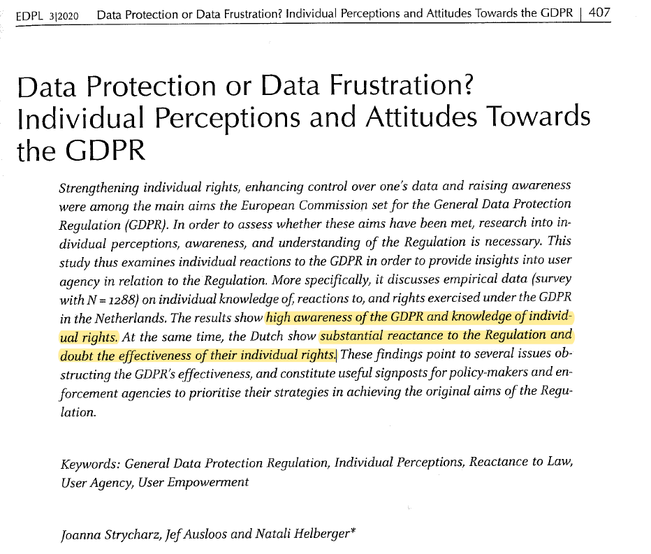 winfriedveil's tweet photo. Literatur zur #DSGVO:
@StrJoanna @Jausl00s @nhelberger
#DataProtection or #DataFrustration? Individual Perceptions and Attitudes Towards the #GDPR
in: EDPL 3/2020, 407 https://t.co/nV1rNeqfYF