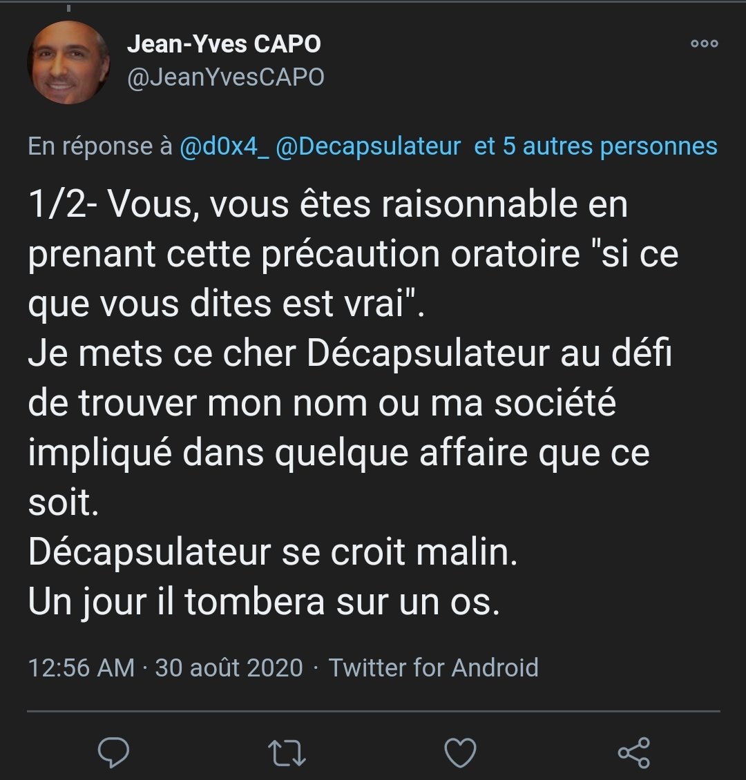 Mais très curieusement,  @JeanYvesCAPO n'a apparemment aucun lien direct avec Jerome et Claude Fousse, mise à part la BPI, mais, c'est en apparence. Mr Capo lance un défi ici au  @Decapsulateur 