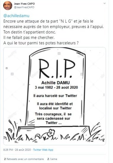  @achilledamu :Ils l'ont menacé de lui faire perdre son travail en ayant imaginé trouver l'identité de ce dernier alors que cette personne  @nicolaslegland est extérieur à tout ça et devient victime de menace sans raison apparente. https://twitter.com/nicolaslegland/status/1301060162560688128?s=20 https://twitter.com/achilledamu/status/1301492721043922945?s=20