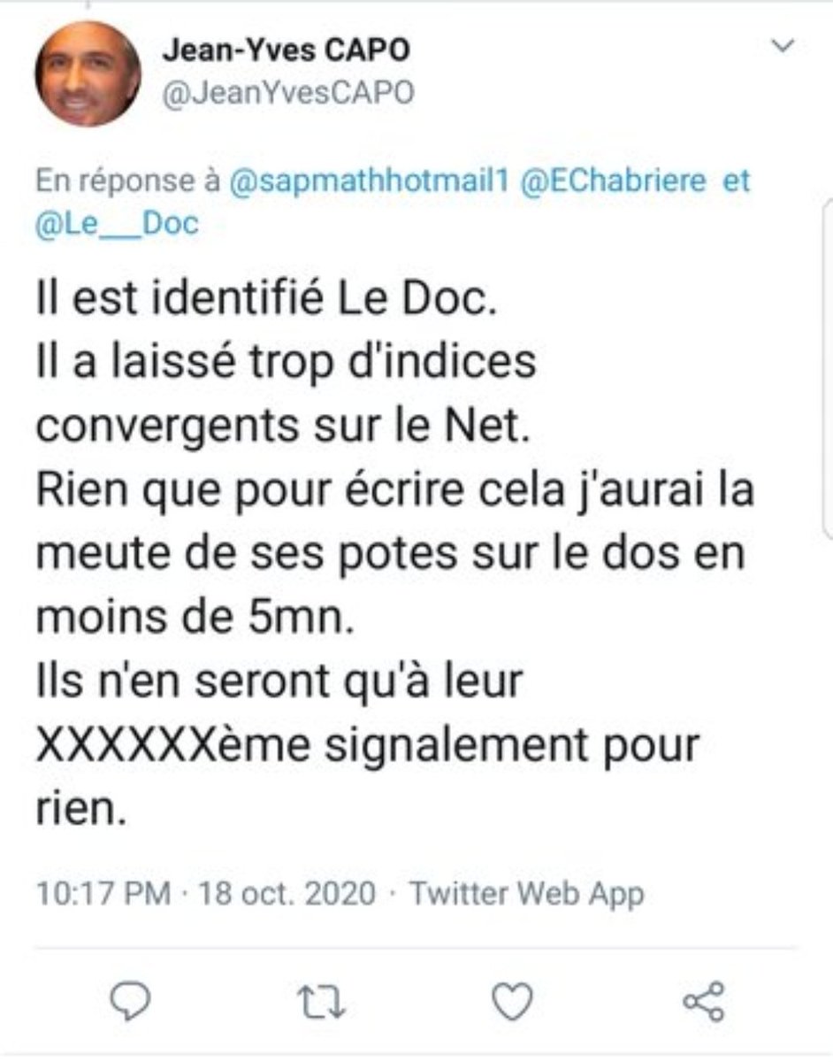  @Le___Doc,  @wladtepes,  @Sonic_urticant et moi-même (Mon surnom, Mme Pipi ): Évidemment, des tentatives d'intimidations qui ne mèneront nulle part.Il y a aussi bien d'autres comptes concernés comme  @zenutopia1, ou même des propos calomnieux envers  @LacombeKarine1 et autres.