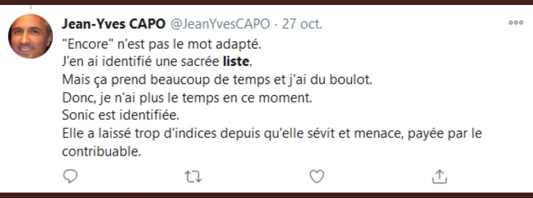  @Le___Doc,  @wladtepes,  @Sonic_urticant et moi-même (Mon surnom, Mme Pipi ): Évidemment, des tentatives d'intimidations qui ne mèneront nulle part.Il y a aussi bien d'autres comptes concernés comme  @zenutopia1, ou même des propos calomnieux envers  @LacombeKarine1 et autres.