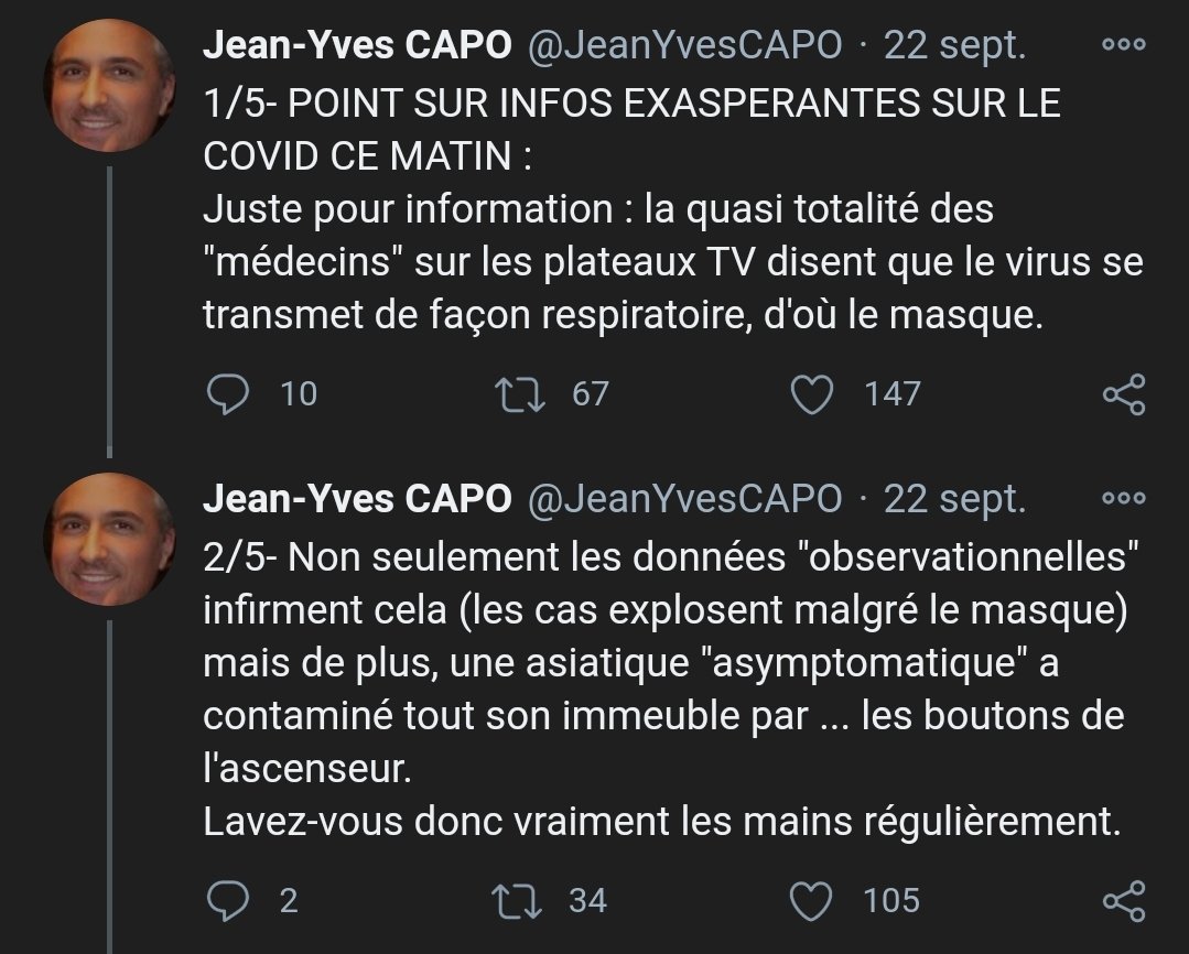 Les positions de  @JeanYvesCAPO sont simples : - Anti masque- Pro Raoult - Adepte de FakeNews- Pro HCQ Il est également persuadé que BigPharma, Gates ect... sont derrières l'interdiction de l'HCQ, il est affilié à  @silvano_trotta, Pro  @france_soir, proche de  @xazalbert.