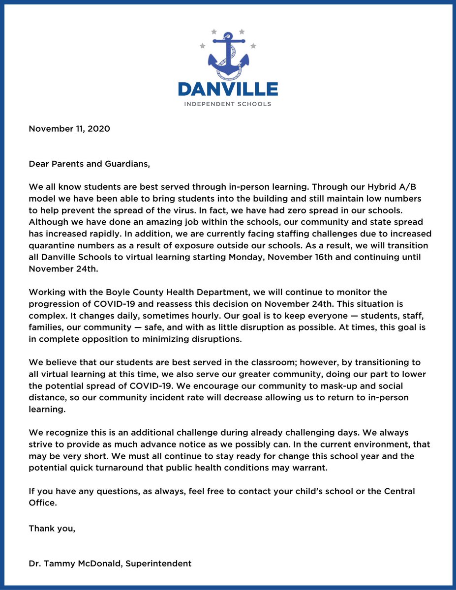 DanvilleSchools's tweet photo. The Danville Independent School District will transition all schools to virtual learning beginning Monday, November 16th, and will continue virtual learning through November 24th. Please see the attached letter below: https://t.co/z973uNzvWI