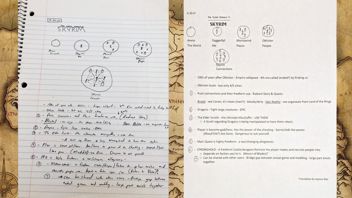 SleepisforT's tweet image. A few years ago @BethesdaStudios published a really neat page with Todd Howard's earliest notes for Skyrim.
Some people had trouble reading it--but his handwriting is basically the same as my Dad's, so I did a typed translation for y'all!
HAPPY 9TH BIRTHDAY #SKYRIM! 💜