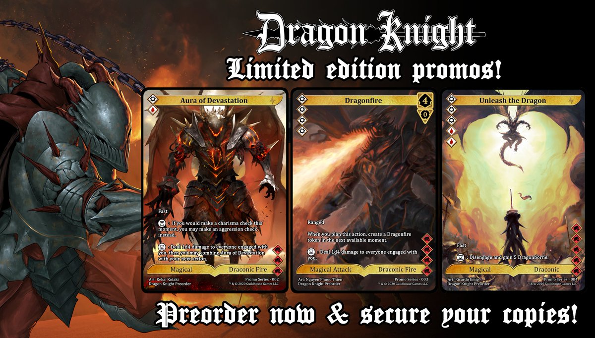 PlayVaria's tweet photo. 🔥UNLEASH YOUR INNER DRAGON!🔥

The dragon knight is now available for preorder! With this class, we are trying something new - extended art promo cards! 

Each preorder will come with one of each of the below promo cards, while supplies last!

https://t.co/7XHux8ESWm https://t.co/XSteEwyFAy