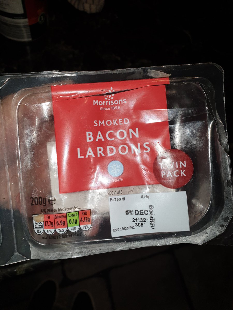 Feeb12345's tweet photo. @Morrisons Hi, who can I contact regarding one of your products, we purchased smoked bacon lardons, it contained some bone fragment which my husband got whilst eating and it's caused a large cut to his mouth, due to him taking Warfarin, it's causing a lot of bleeding. https://t.co/ch4LFfx29b