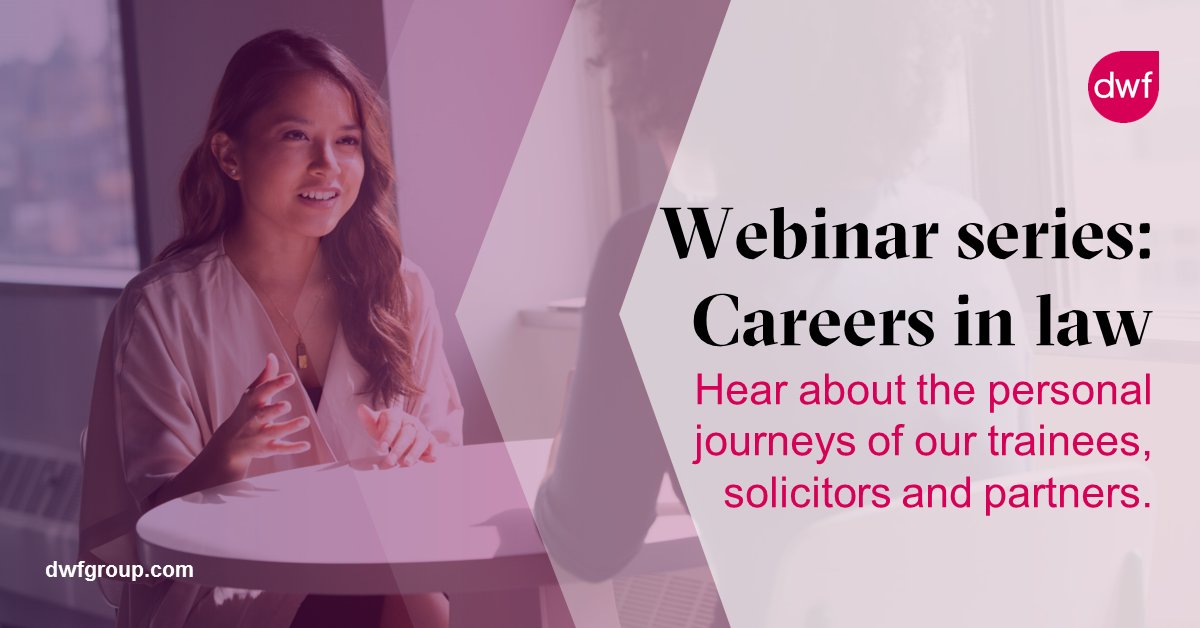 DWF_Law's tweet image. Join our aspiring #lawyers webinar tomorrow at 11.00am. Hear from #DWF trainees, solicitors &amp;amp; partners as they talk candidly about personal challenges. Not to be missed if you are considering a career in law. ow.ly/8lAc50ChTDc #legalcareers #BAME #lgbtq #graduatejobs