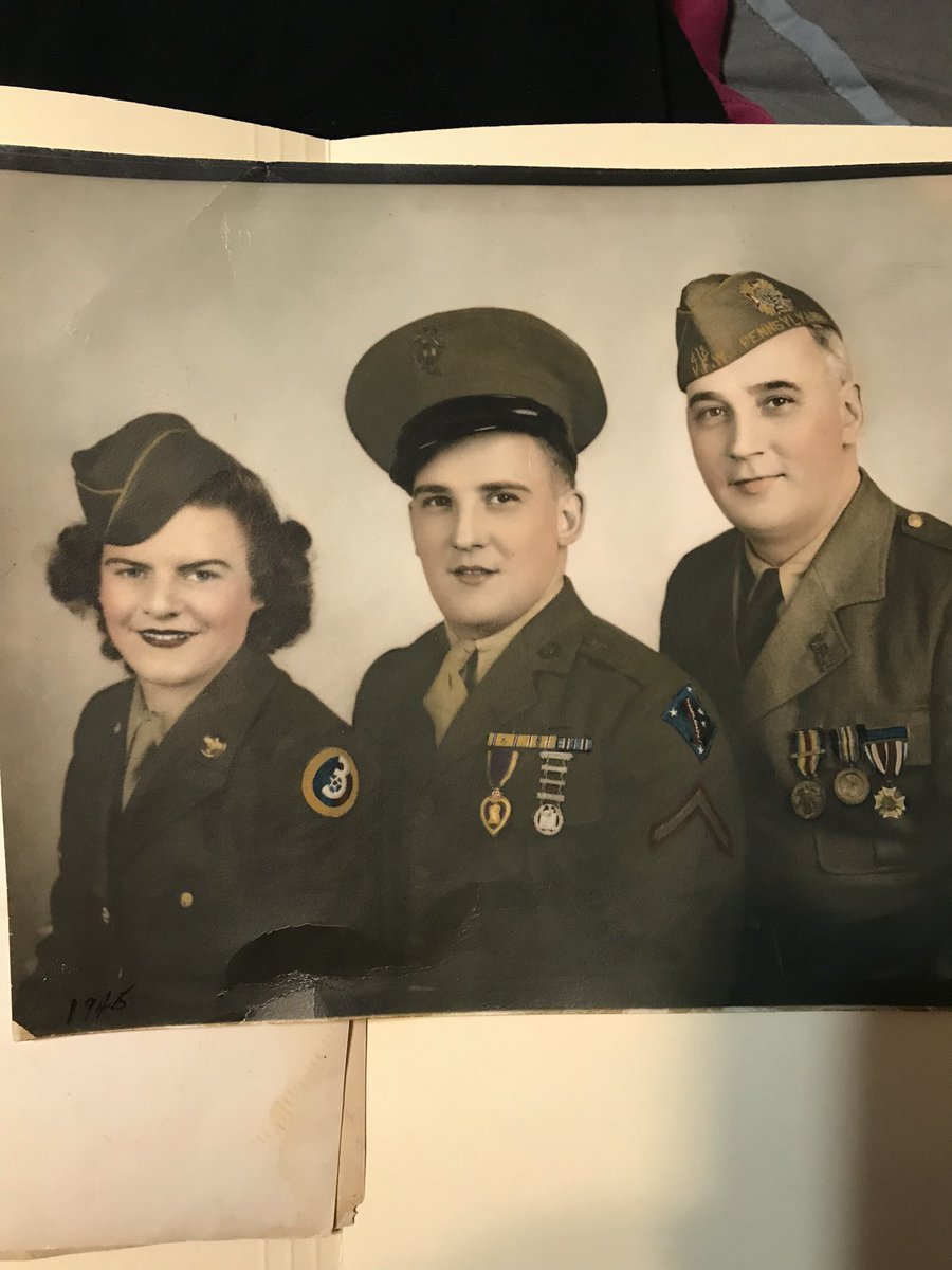 Deucenburg's tweet photo. This Veterans Day I am Thinking of those that served with honor and grace.  My mum, Evelyn Burt WWII, my father George Burt , Korean conflict. My pap, Louis Marion  WWI (pictured with my mum and uncle earl, also WWII). Thanks https://t.co/mlGNvum9cg