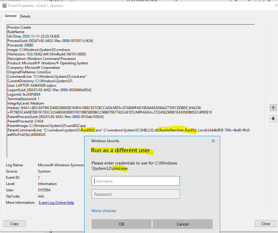SBousseaden's tweet photo. when a user choose to run a program as another user (right-click + shit), the process lineage will be a child of rundll32 with cmdline value like "SHELL32.dll,RunAsNewUser_RunDLL Local\{4ddb9f3f-700c-4bd6-9fc0-eaf85c01d25b}." https://t.co/PKYji9z3Id