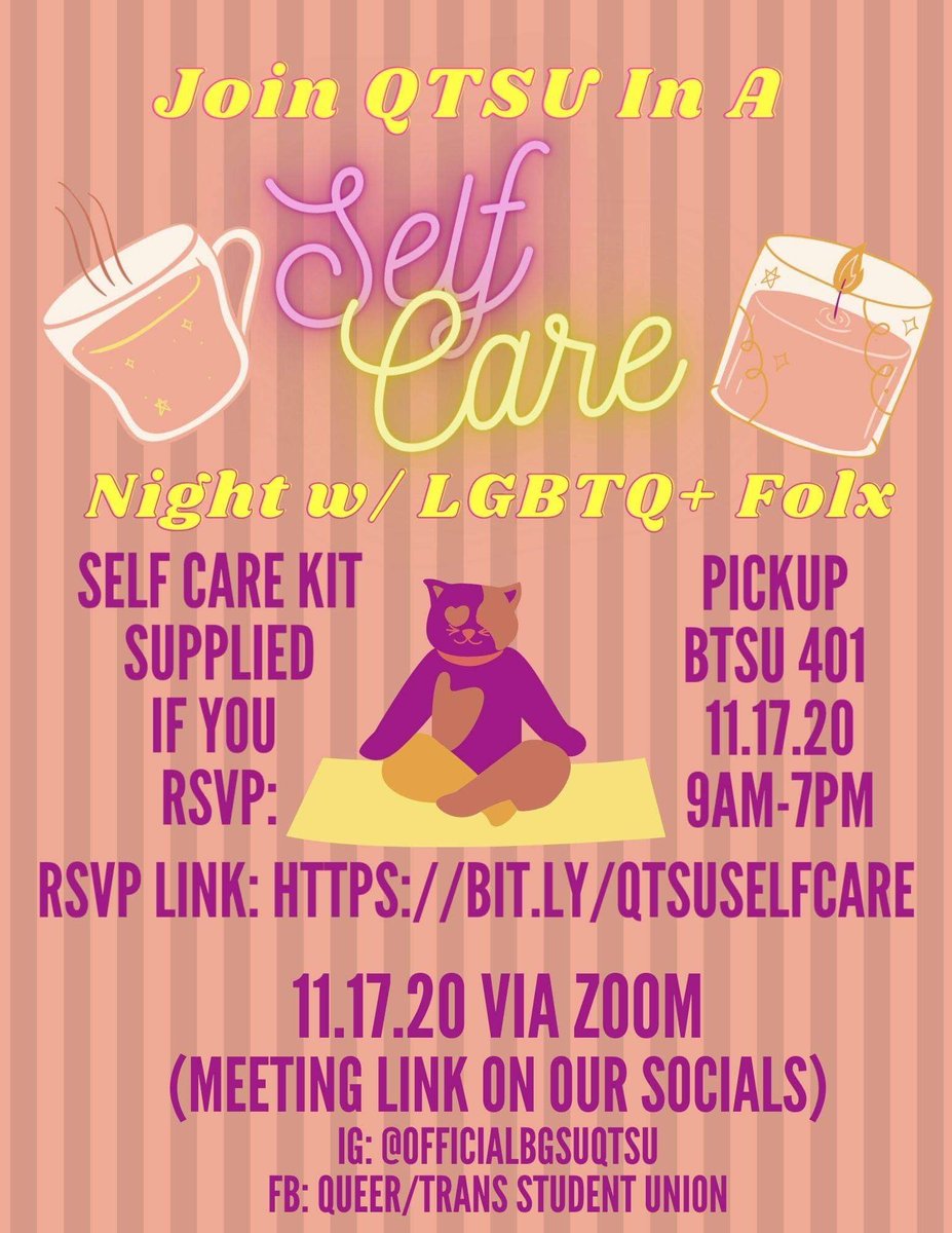 UPCOMING EVENT ALERT: 
next week we will be holding a self care night via zoom. If you would like to attend and receive a self care kit sign up here: bit.ly/QTSUSELFCARE
the link to the meeting that will happen November 17 at 9pm can be found in our bio!