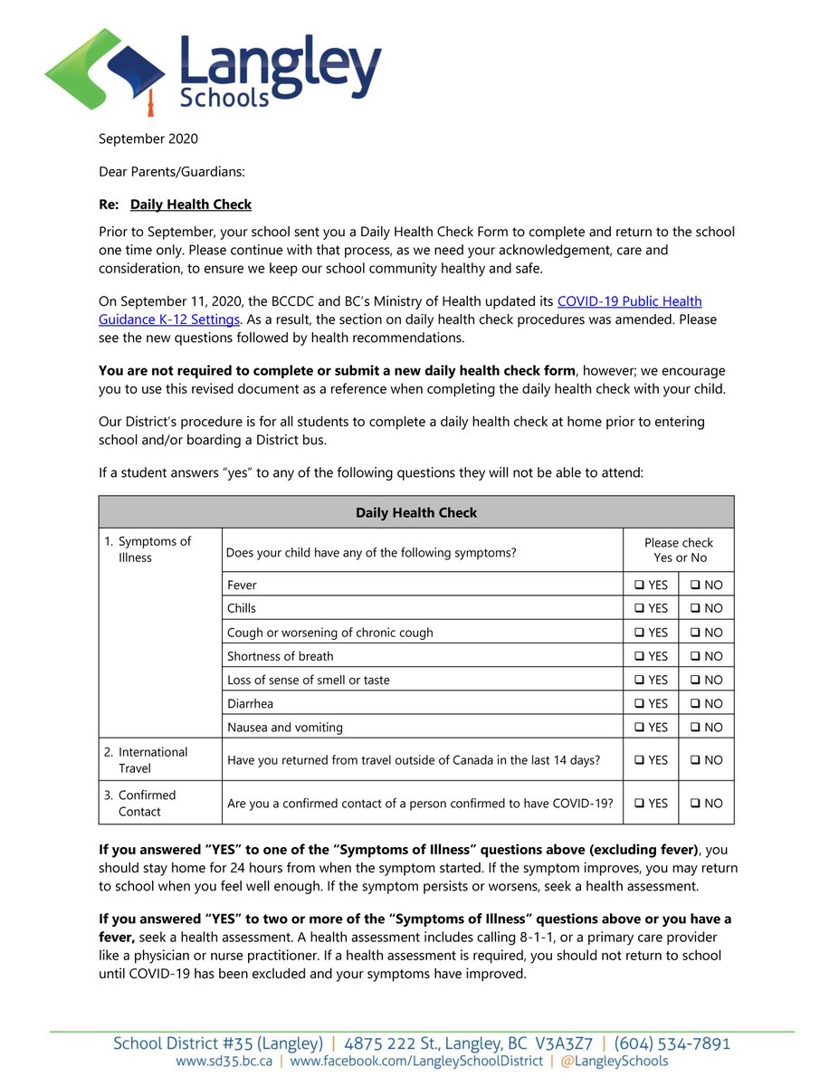 LangleySchools's tweet photo. REMINDER: The District has a Daily Health Check form that you can complete with your child every morning to ensure that they are healthy and well before attending school. You can find the form online, including translations, here: https://t.co/0mEwgOrCt3
#WellnessWednesday https://t.co/p8AA9PfvVX