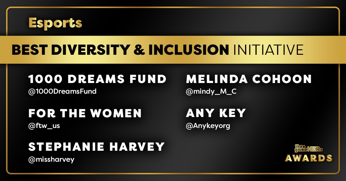 Don't forget to VOTE for the winner of #TheGameHERsAwards!

Category: Esports
Best Diversity &amp; Inclusion Initiative 

<a href="/1000DreamsFund/">1,000 Dreams Fund</a> 
<a href="/FTW_us/">FTW For The Women</a> 
<a href="/missharvey/">FLY missharvey</a> 
<a href="/Mindy_M_C/">Mindy</a> 
<a href="/anykeyorg/">AnyKey</a>  

Voting ends this Friday, Nov 13 at 11:59 PM EST.

🗳️: thegamehers.com/vote