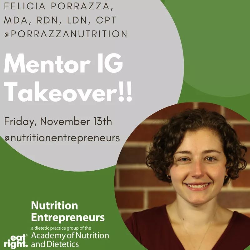 Join NE this Friday on Instagram for an awesome mentor takeover!! Follow Felicia Porrazza, MDA, RDN, LDN, CPT throughout her day!⠀
⠀
