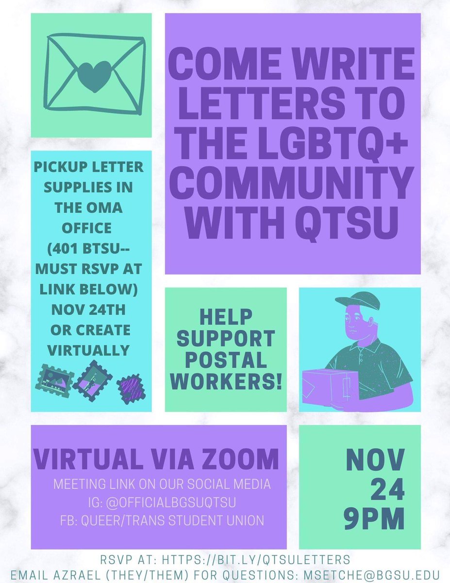 Before we wish everyone a fair well for thanksgiving break, we wanted to spend a meeting writing letters to LGBTQ+ folx! If you would like participate, sign up here: bit.ly/QTSULETTERS 
the link to the Nov 24th meeting can be found in our bio!