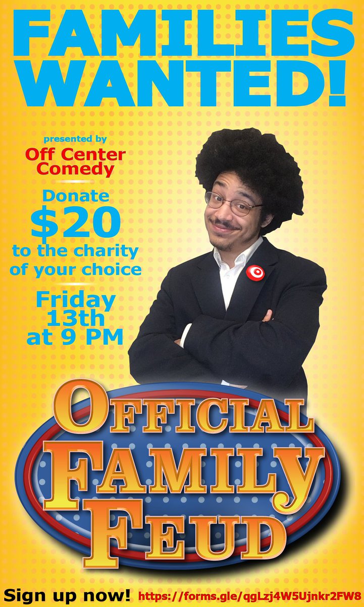 OffCenterComedy's tweet photo. Off Center presents Official Family Feud! Feud with friends for a $20 donation to the charity of your choice! Watch your favorite Off Center folks host and present some ads from our sponsors. Sign up with the link below and Twitch this Friday 13th at 9 PM!
https://t.co/XwpdS6lWUI https://t.co/KmSeUb7GtY