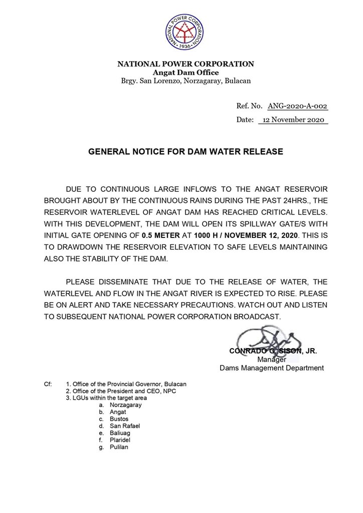 newswatchplusph's tweet photo. ADVISORY: Angat Dam in Bulacan reaches critical level. 

Angat River water level expected to rise due to opening of spillway gates at 10am | @crissydimatulac https://t.co/nDptmUq7UI