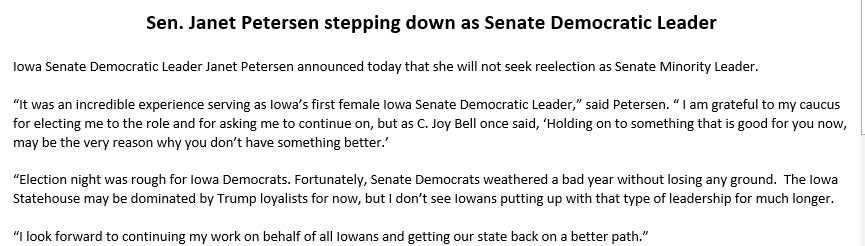 CaroRCummings's tweet image. Inbox: Iowa Sen. Janet Petersen is not seeking re-election as senate minority leader, the top Democrat in the chamber. 

Statement -&amp;gt;&amp;gt;&amp;gt;
#ialegis #iapolitics